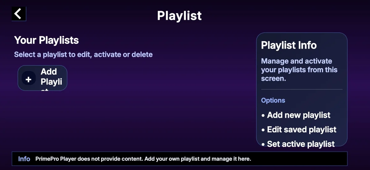 PrimePro Player playlist management screen